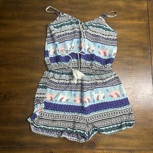 Rue21 Womens Blue Purple Elephant Print Boho Tassel Tie Romper Medium